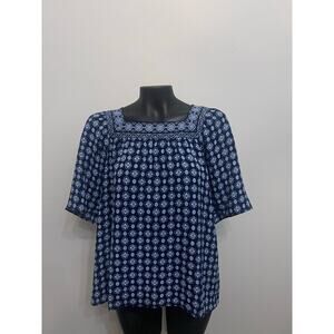 J Jill Wearever Collection Tunic Top Square Neck Blue Floral Sz M  Cottage Boho